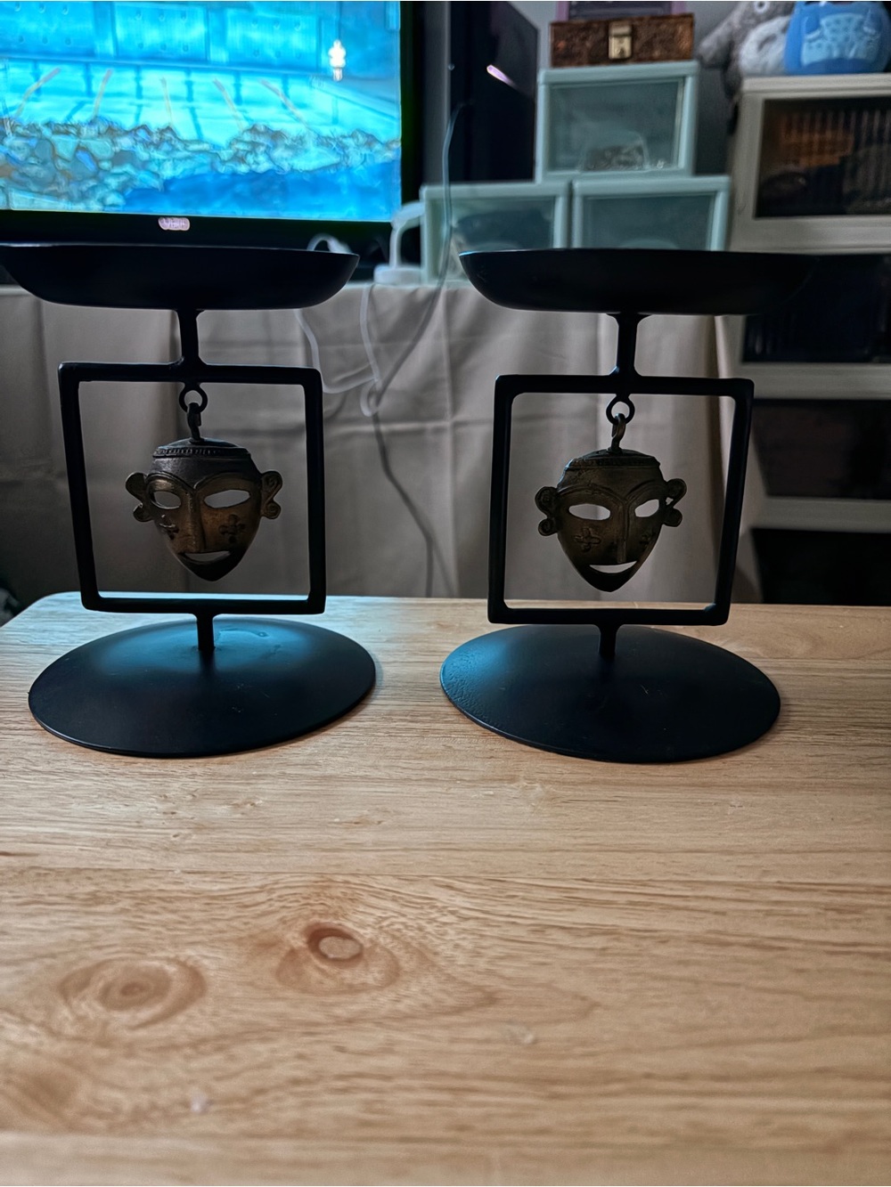 Black Metal Mask Candle Holders with Hanging Mask Accents